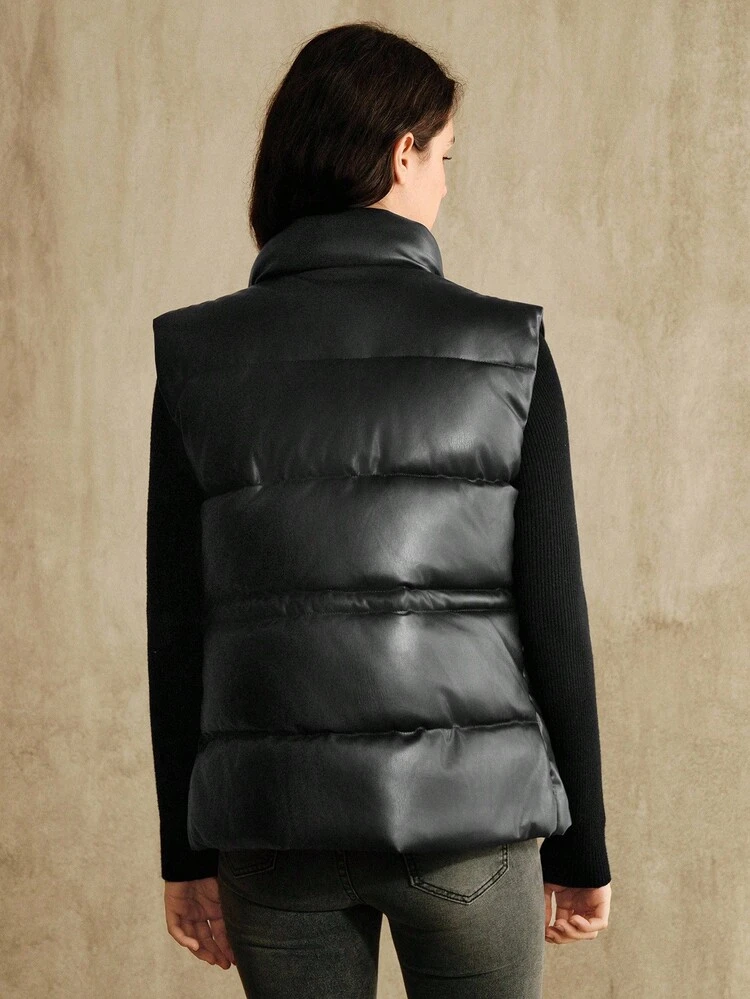 女性用 無地 PUレザー ジップアップ カジュアル ルーズベスト ジャケット、デイリーウェアやパーティーシーンに適しています、冬用