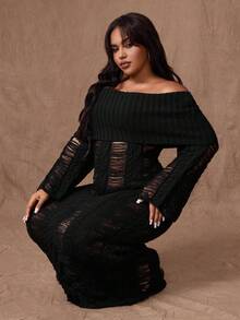 Rustia Plus Size Women's One-Shoulder Long Sleeve Distressed Fitted Sexy Knit Dress Winter Fall Autumn - Black - View 1