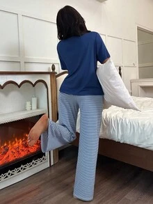 SHEIN Dream Adore 女式休闲纯色针织短袖上衣和条纹直筒睡裤两件套女士睡衣套装女士休闲裤蓝白条纹睡衣套装蓝白睡衣 - 彩色 - 查看 2