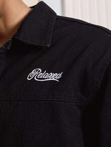 SWAVVY 黑色刺绣字母牛仔长袖外套，秋冬新品 - 黑色 - 查看 7