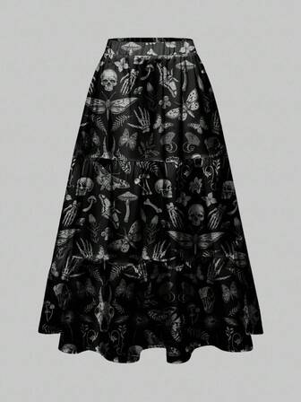 Goth Gonna a-line da donna con stampa all-over gotica, misteriosa e horror di teschi, falene, ali di pipistrello, foglie e funghi, adatta per Ognissanti