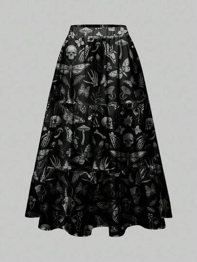 Goth Gothic Dark Mysterious Horror Skull, Moth, Bat Wing, Leaf, Mushroom All-Over Print Women's A-Line Skirt, Halloween