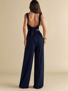 SHEIN BAE 女士优雅性感露背系带蝴蝶结连体裤，无袖阔腿连体裤，适合日常、约会、派对、度假，适合情人节、日常穿着、优雅外出装 - 藏蓝色 - 查看 2