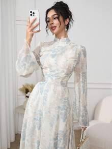 Veilorie Váy tay loe họa tiết hoa thanh lịch cho nữ, thu đông - Màu xanh nhạt - Xem 1