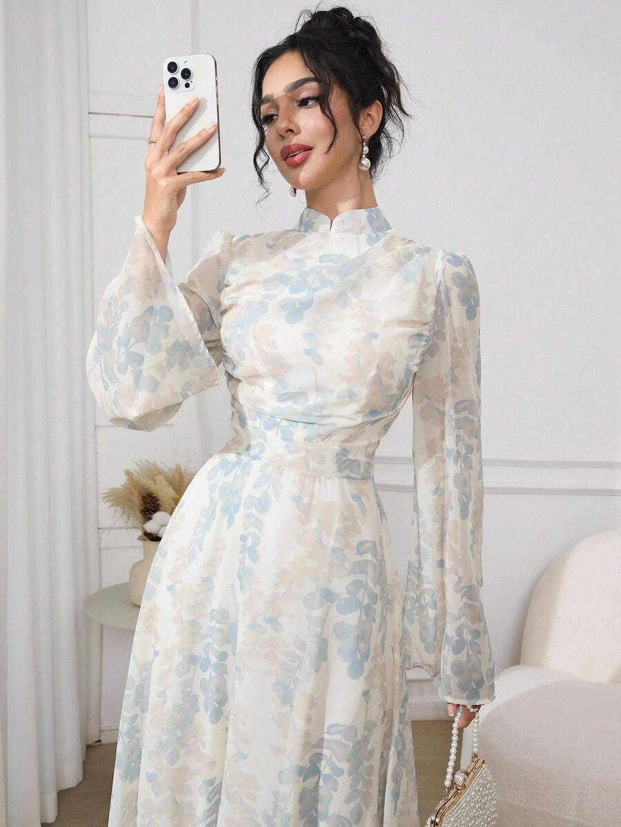 Veilorie Váy tay loe họa tiết hoa thanh lịch cho nữ, thu đông - Màu xanh nhạt - Xem 1