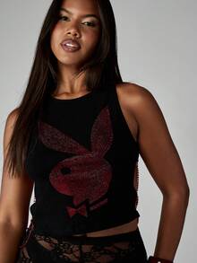 Missguided x Playboy 镶钻背心，饰有兔子标志和链条细节 - 黑色 - 查看 5