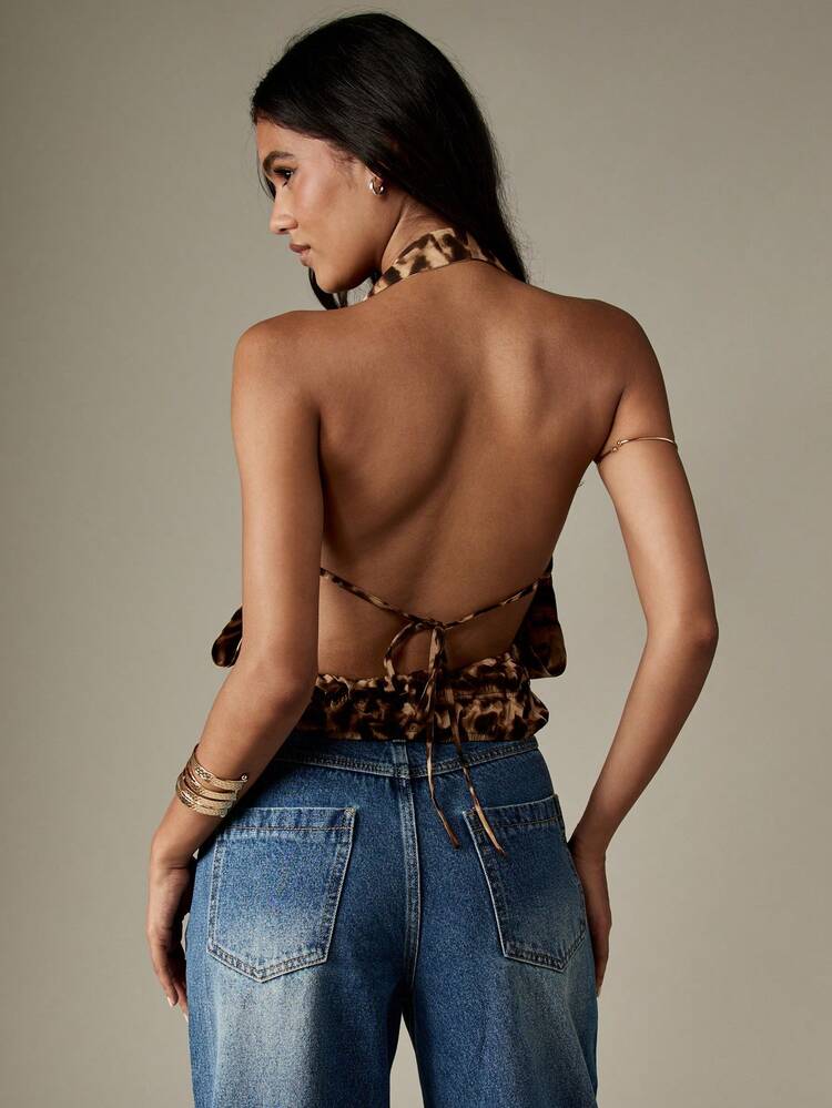 MISSGUIDED Leopard Print Halter Wrap Front Cowl Top