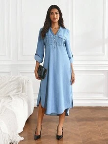 SHEIN Tall 女式 V 领长袖牛仔连衣裙，带袖口，宽松版型，前短后长