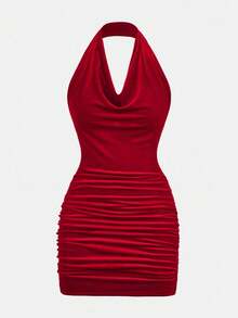 Girlism Teen Girl Solid Color Fashion Halter Neck Ruched Velvet Dress Fall Winter