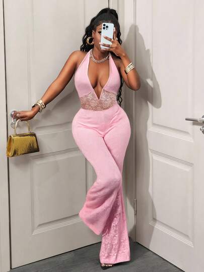 BamGleam 女士V领黑色蕾丝透视性感连体裤