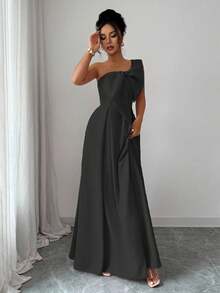 Selianne Asymmetric Big Bowknot Waist A-Line Elegant Romantic Women Dress - Black - View 7
