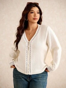 Elaquor 秋季大码女式撞色蕾丝V领长袖单排扣休闲针织开衫 - 白色 - 查看 1