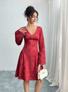Modelyn Women's Burgundy Sexy Deep V-Neck Long Sleeve Bodycon Midi Party Dress Fall Cloth For Women - Burgundy - View 1