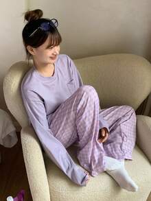 DAZY 少女宽松舒适休闲家居服套装，甜美格子直筒裤，秋季