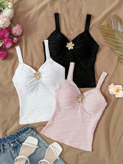 GlowEve Soleia Women's Camisole, Vacation Halter V-Neck Floral Metal Buckle White Knit Textured Fitted Tank Top, Suitable For Vacation, Music Festival, Boho Style, Holidays, Afternoon Tea