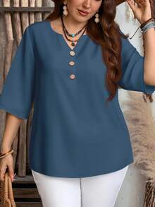 EMERY ROSE Blusa suelta de manga 3/4 con cuello con muesca y botón decorativo en color azul sólido para mujer de talla grande, adecuada para el verano, citas y la oficina - Multicolor - Ver 6