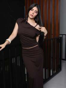 Steff Loaiza Asymmetric Ruched Oblique Shoulder Top & High-Slit Ruched Low Waist Skirt Summer Set, Women's Clothing, Pink,Ladies Elegant Asymmetrical,Ruched,Split Thigh Sleeveless Slim Fit Coffee Brown Batwing Sleeve Skirt Women Two-Piece Outfits,Spring/Summer,Casual Daily Wear