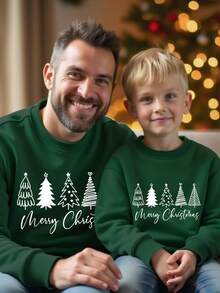 SHEIN Men's Casual Merry Christmas Letter Slogan & Linear Christmas Tree Print Fleece Crew Neck Sweatshirt, Suitable For Christmas Family Party In Autumn/Winter - Dark Green - View 1