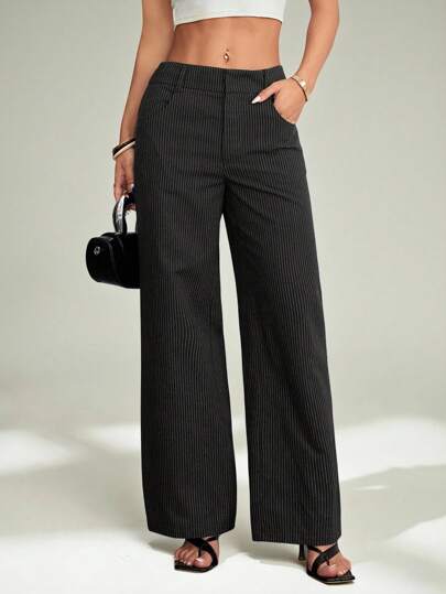 SHEIN PETITE Women's Casual Fashionable Summer Vacation Striped Print Pocket Loose Pants For Daily Wear,Chic Pants For Women