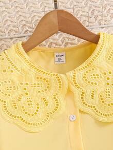 SHEIN 女童白色长袖镂空荷叶边领衬衫，秋冬款 - 黃色 - 查看 8