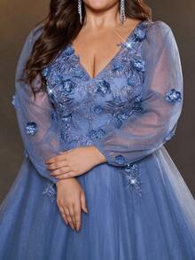 Glamrae 加大码优雅浪漫奢华灰蓝色 V 领灯笼袖串珠花卉贴花网眼长裙，适合晚会、约会、度假、音乐节、毕业典礼、婚礼活动（重磅装饰） - 藍色 - 查看 9