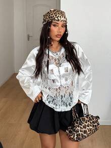 Coolane Women's & Men's Summer Streetwear Couple Same Style Y2K Gyaru Fairycore Game Day Contrast Lace Number Pattern Patched Oversized Long Sleeve Jersey T-Shirt - White - View 4