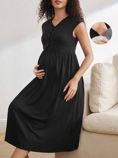 BloomMama 舒适黑色弹力简约短袖睡袍，孕妇家居服