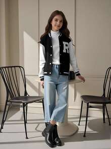 Tween Girl Letter Patched Striped Trim Drop Shoulder Varsity Jacket - Black and White - View 10