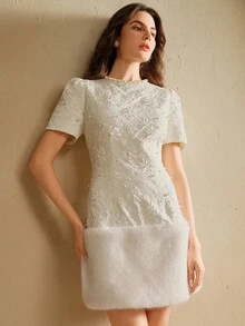 Anewsta Đầm mini dáng chữ A màu trơn, họa tiết hoa 3D, chất liệu jacquard, viền ngọc trai, cổ tròn, vai thường, tay phồng. - Màu be - Xem 3