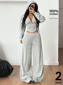 Coolane 女士秋季街头服饰外出运动休闲弹力舒适灰色 V 领运动衫连帽衫和直筒裤，2 件 - 灰色 - 查看 3