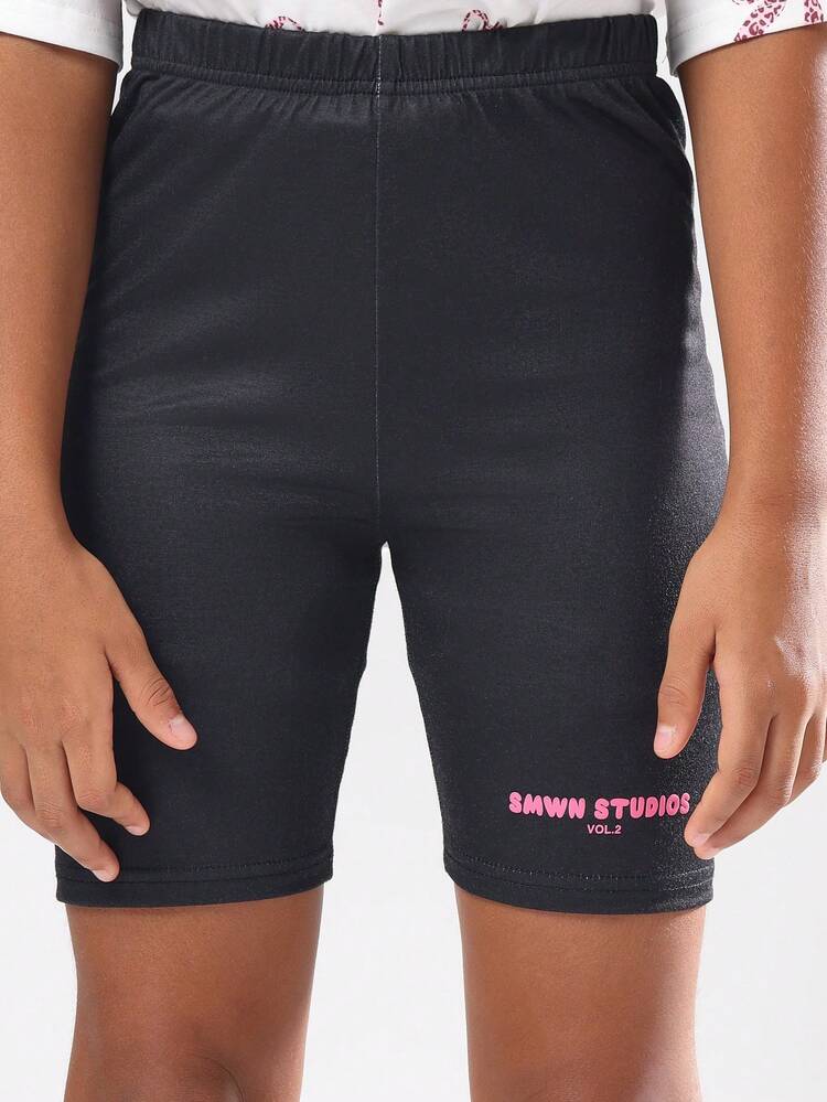 Cropped White T-Shirt With Bow Print And Bike Shorts Set