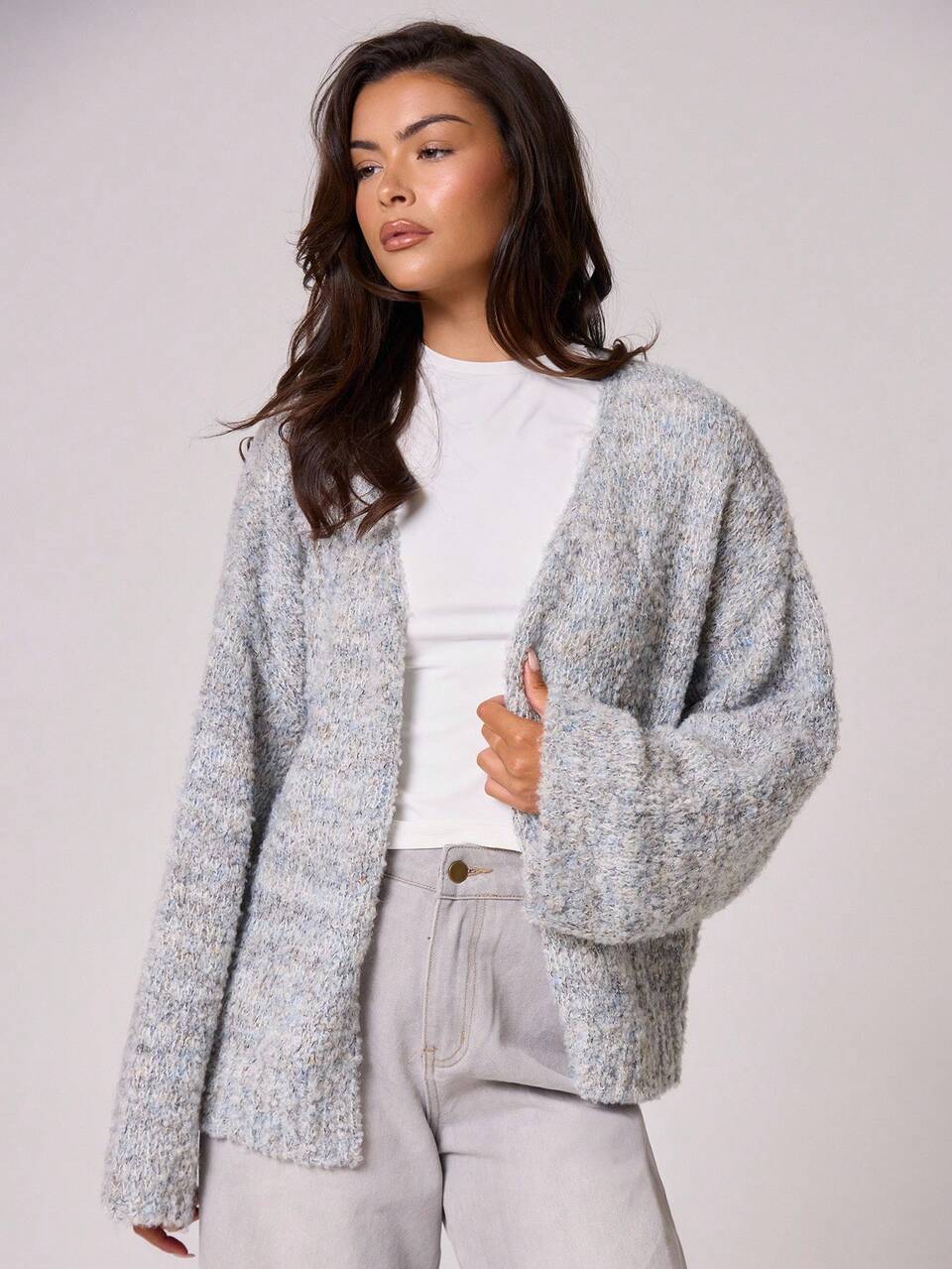 Grey Oversized Flare Sleeve Knit Cardigan