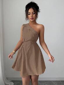 Elenzga Striped Asymmetric Collar Waist Twist Patchwork Asymmetrical A-Line Dress For Women - Multicolor - View 5