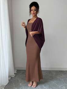 Selianne 女式纯色蝙蝠袖前开衫和鱼尾下摆吊带背心连衣裙优雅两件套 - 棕色 - 查看 4