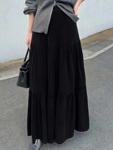 FRIFUL 女式弹性腰部天鹅绒A字长裙 - 黑色 - 查看 5