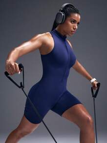 Powerista Solid Color Zipper Sports Jumpsuit Tight Fitting Sleeveless, Summer - Blue - View 8