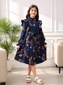 Sparklyn 女大童印花荷葉邊荷葉袖百褶下擺繫腰帶洋裝 - 藏蓝色 - 查看 7