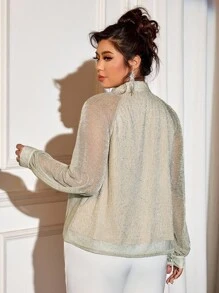Cravure Plus Size Women's Elegant Metallic Sheer Lantern Sleeve Cutout Collar Blouse, Suitable For Spring, Summer, Autumn Fall Cloth For Women - Apricot - View 2