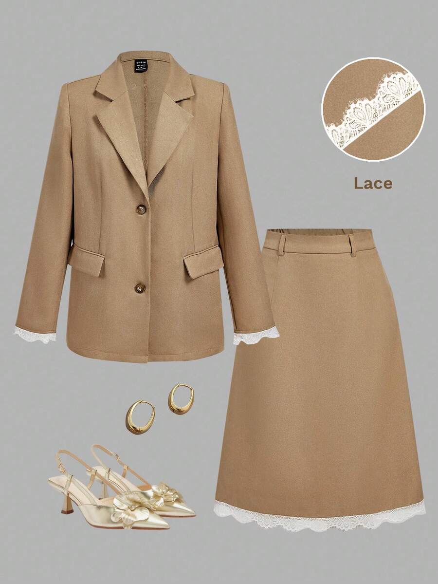 SHEIN MOD 秋冬女士蕾丝拼布夹克和裙装套装 - 卡其色 - 查看 1