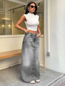 EURMUSE 100% Cotton WOMEN MID WAIST MAXI SKIRT - Grey - View 4