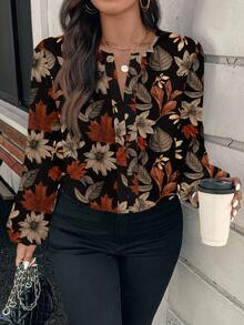 EMERY ROSE Camisa de manga larga con cuello redondo de talla grande con estampado elegante de hojas de arce y flores, adecuada para blusas elegantes de primavera/otoño para mujeres, ropa de otoño para mujeres, blusa floral marrón, camisas de otoño para mujeres, blusas con estampado floral de otoño