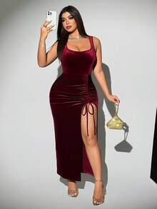 Viva Relle Damen Große Größen elegantes einfarbiges Samt-Stoff Maxikleid mit hohem Kragen, hohem Schlitz, Kordelzug-Design, vielseitig einsetzbar mit Schleife für Party, Geburtstag - Bordeaux - Übersicht 7