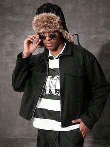 PAVTROS Manfinity Streetrush 男士短款夹克，配有 2 个大胸袋和翻领，秋季，复古风格 - 黑色 - 查看 1