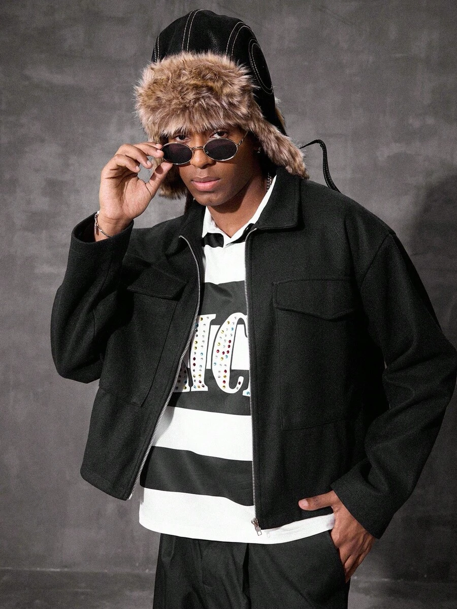 PAVTROS Manfinity Streetrush 男士短款夹克，配有 2 个大胸袋和翻领，秋季，复古风格 - 黑色 - 查看 1