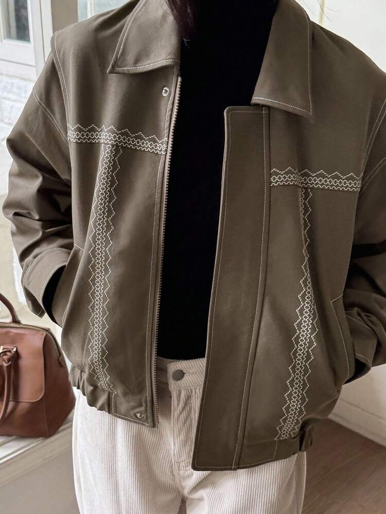 Women's Loose Fit Lapel Decorative Design Casual Street Style Jacket