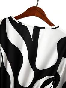 GlowEve Women's Lantern Sleeve Belted A-Line Floral Print Midi Dress, Elegant For Daily Commute, French Style, Black & White, Autumn/Winter Fall Cloth For Women - Multicolor - View 7