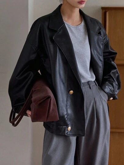 DAZY Women's Lapel Double-Breasted Loose Long Sleeve Casual Street Wear PU Leather Jacket Fall,Winter