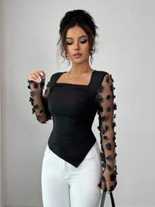 Elenzga 女士优雅通勤3D花卉装饰网眼拼接T恤 - 黑色 - 查看 3