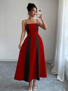 Elenzga Damen Farbblock A-Linie Knopf Dekor elegantes Lässig Büro/Urlaubs Träger Midi Kleid, geeignet für den Unabhängigkeitstag, die Abschlusszeit, Kunstleinen