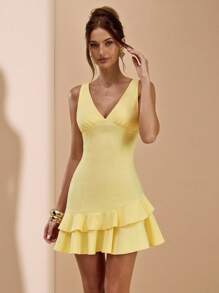 SHEIN BAE 女士黄色奶油色甜美深 V 领褶饰不对称多层荷叶边连衣裙，适合夏季 - 黃色 - 查看 5